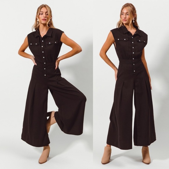 Anthropologie Pants - Black denim washed pleated boho bohemian flare chic boho Wide Leg Jumpsuit